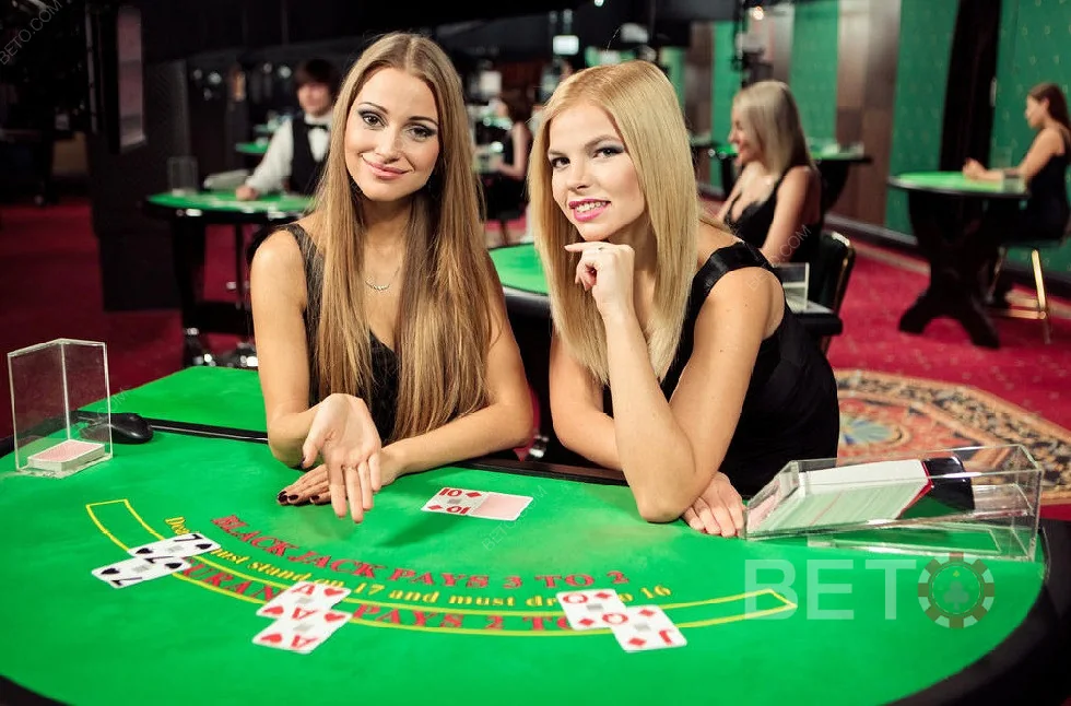 Dealer memandu permainan kartu pada ruang kasino live